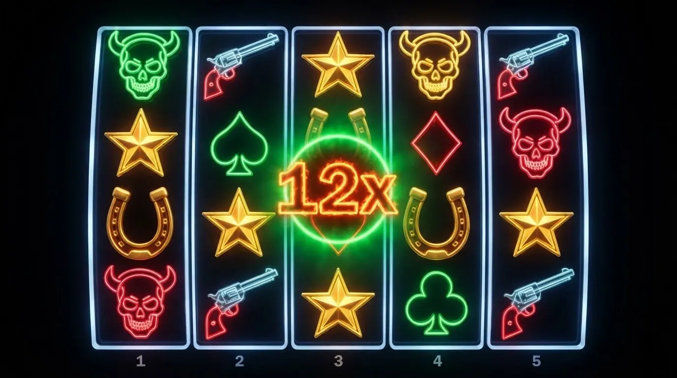 Grille de jeu d'une machine à sous Hacksaw Gaming affichant des symboles et un multiplicateur actif, sur fond sombre