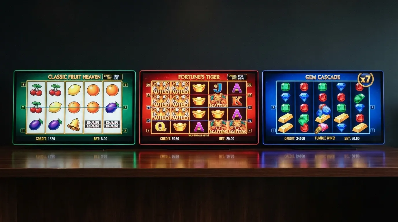 Plusieurs machines à sous en ligne côte à côte avec leur grille de jeu, leurs symboles et leur tableau des gains respectif.