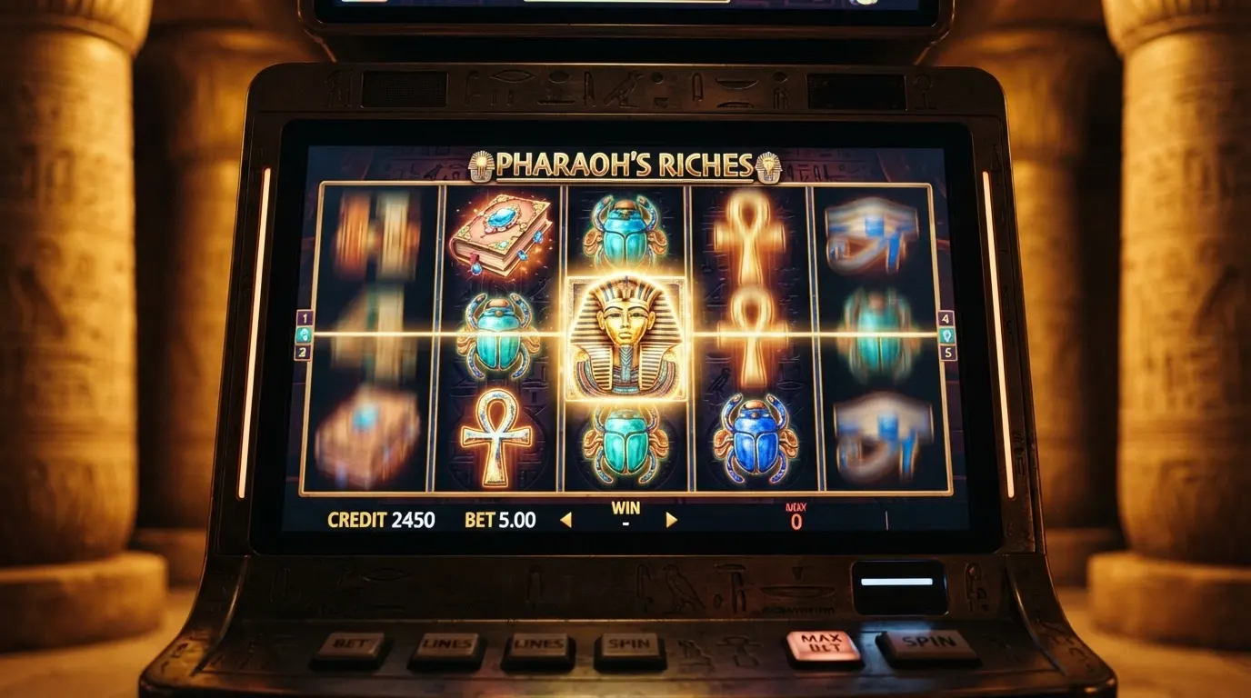 Écran de la machine à sous Book of 99 de Relax Gaming avec ses rouleaux et symboles sur fond de temple égyptien