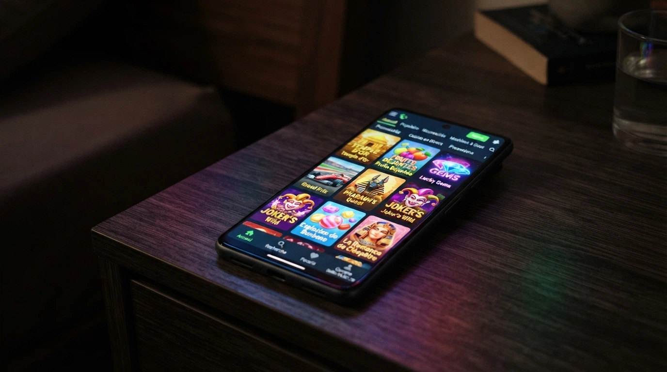 Écran de machine à sous en ligne colorée avec l'interface de casino visible, illustrant un catalogue de plusieurs milliers de titres