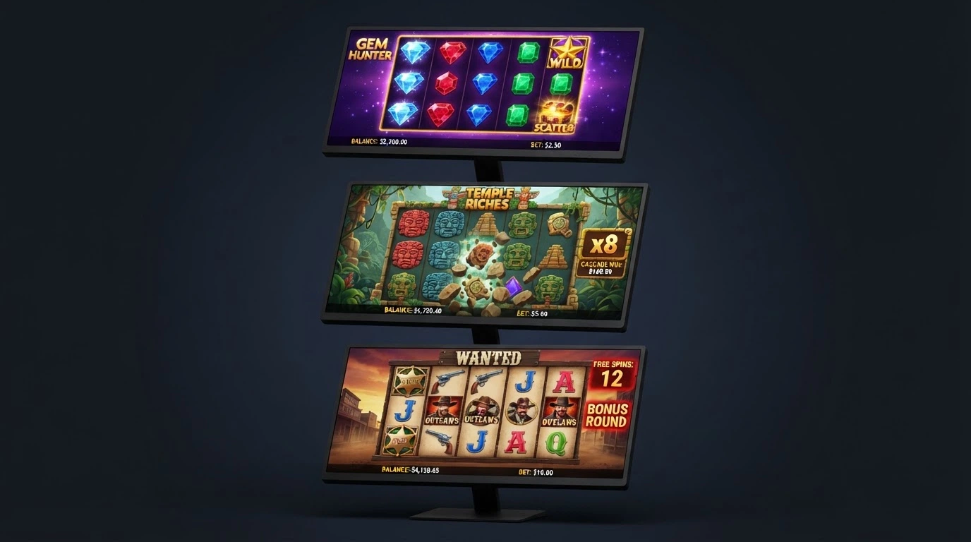 Montage de trois grilles de machines à sous NetEnt — Starburst, Gonzo's Quest et Dead or Alive 2 — avec leurs interfaces caractéristiques