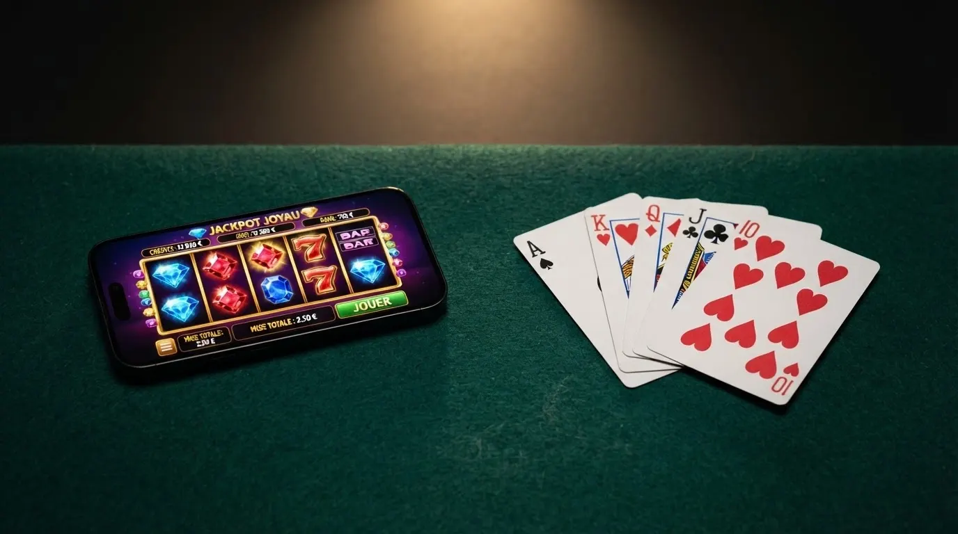 Un écran partagé entre une machine à sous en ligne aux couleurs vives et une main de belote sur une table de jeu
