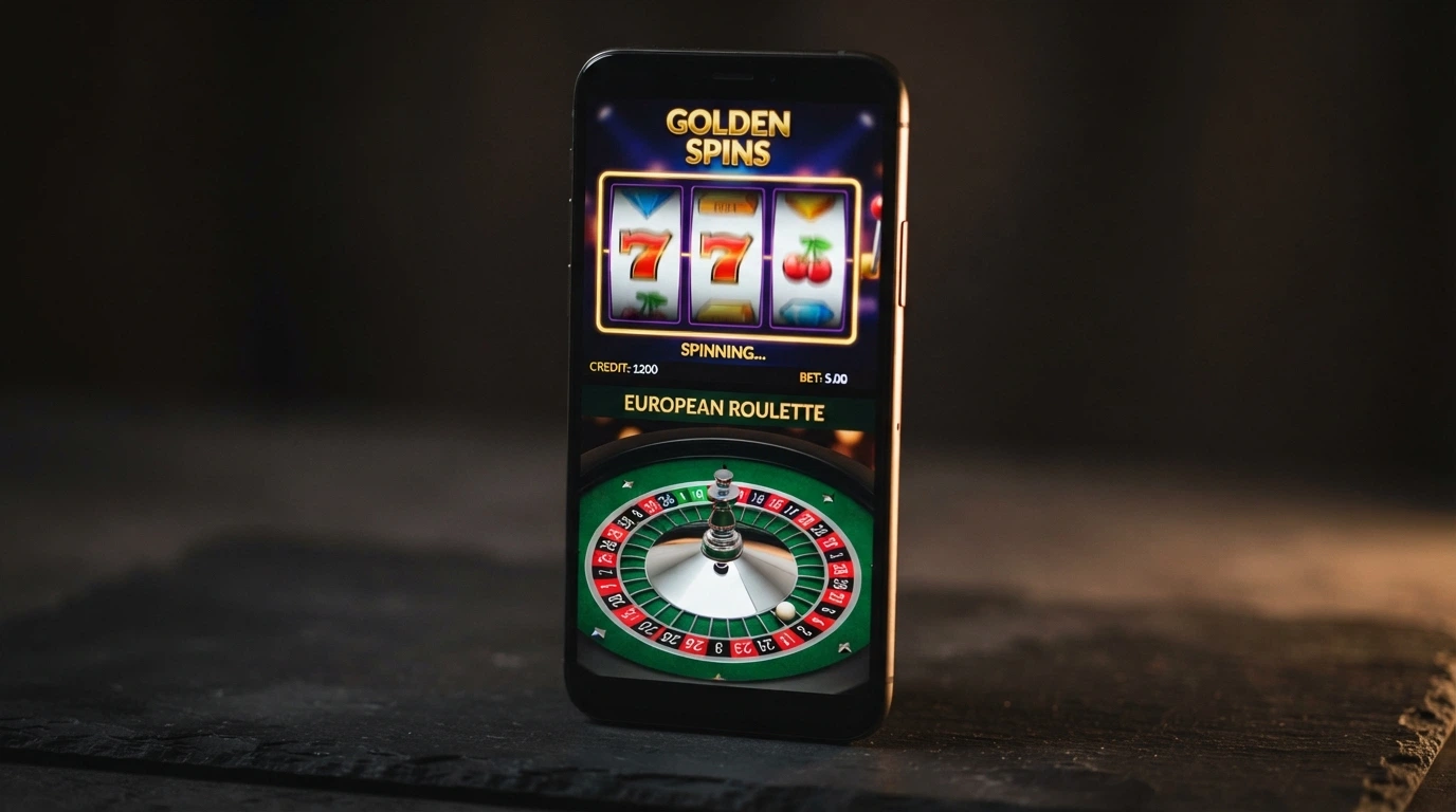L'écran d'un smartphone affichant une machine à sous aux rouleaux colorés, à côté d'un plateau de roulette