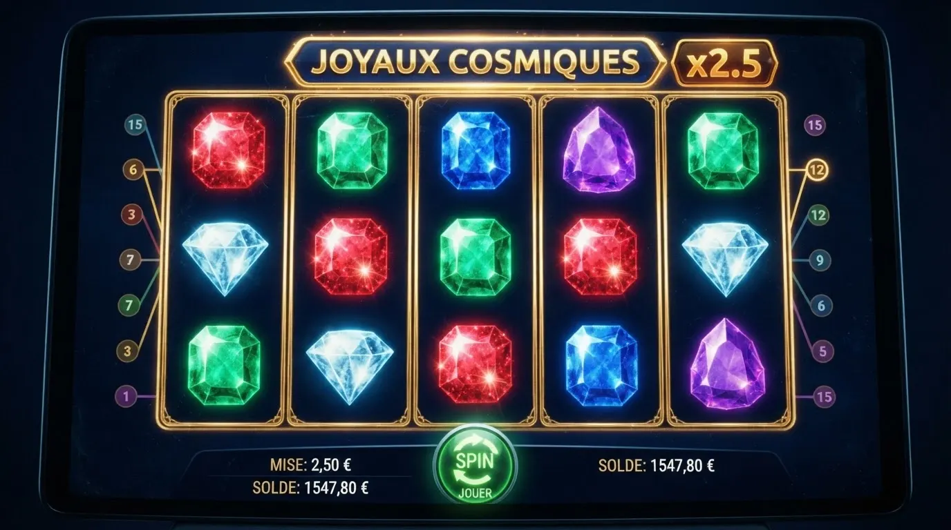 Écran de jeu d'une machine à sous en ligne avec l'affichage du RTP et des lignes de paiement