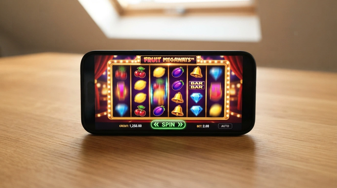 Un smartphone posé à l'horizontale affichant une machine à sous colorée en plein écran, les rouleaux visibles, le clavier tactile du jeu intégré en bas de l'écran