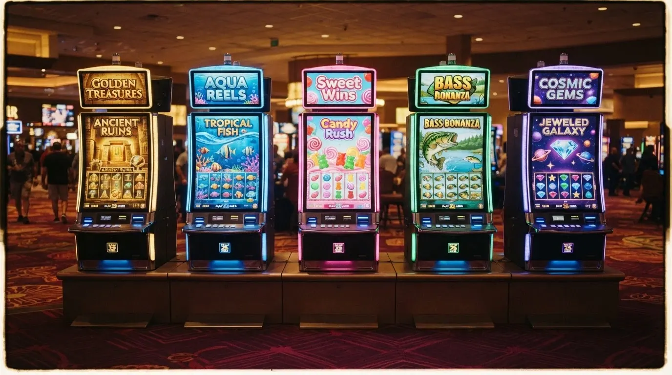 Cinq machines à sous populaires (Book of Dead, Gates of Olympus, Sweet Bonanza, Big Bass Bonanza, Starburst) alignées sur un fond de casino