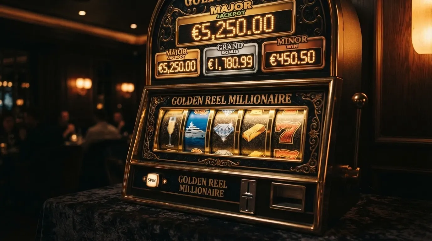 Illustration de la machine à sous Mega Fortune avec son thème luxe, champagne et yachts, ses rouleaux et ses trois jackpots progressifs