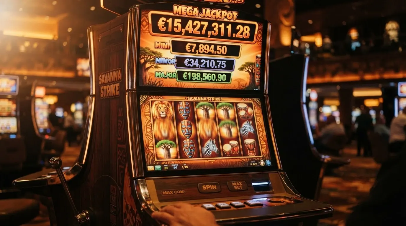 Illustration de la machine à sous Mega Moolah avec ses rouleaux sur le thème africain et ses quatre paliers de jackpot