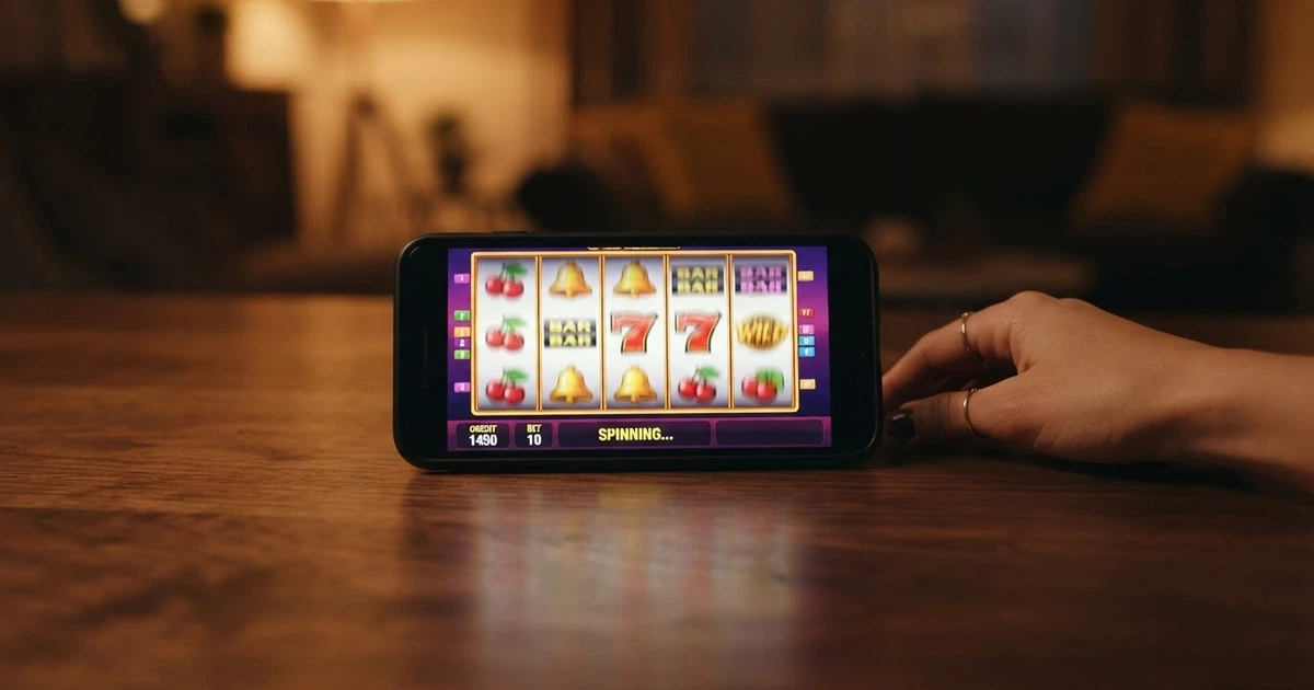 Un smartphone posé sur une table, l'écran affichant une rangée de machines à sous colorées