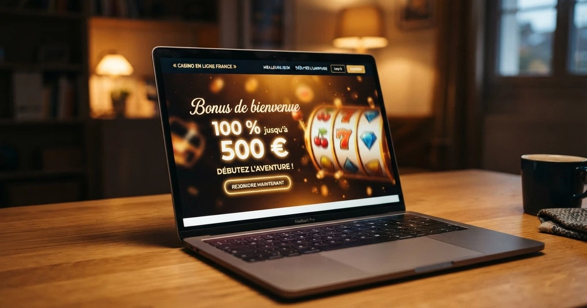 Un écran de casino en ligne affichant une bannière « bonus de bienvenue 100 % jusqu'à 500 € » avec des icônes de machines à sous en arrière-plan