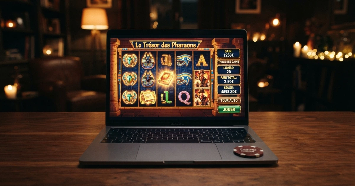Comparaison de casinos en ligne pour Book of Ra, écran partagé entre une machine à sous Book of Ra et l'interface d'un casino
