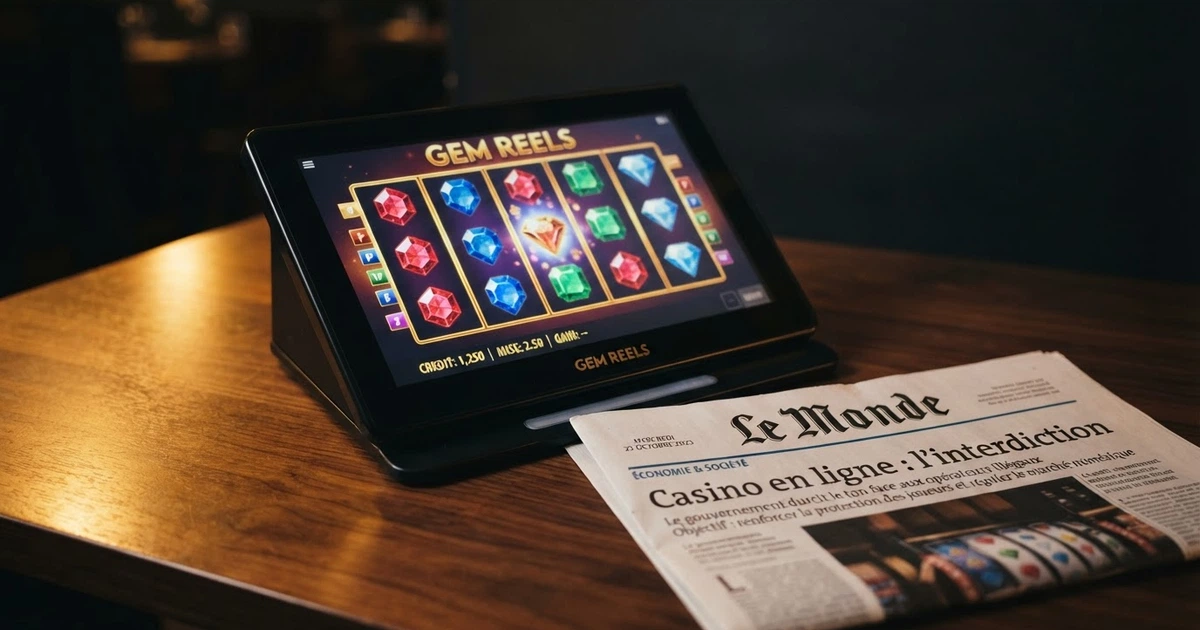 Une interface de casino en ligne affichant une machine à sous colorée, à côté d'un texte de loi français et du logo de l'ANJ, illustrant la tension entre l'offre et l'interdiction