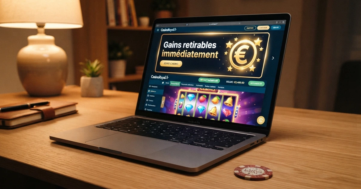 Interface d'un casino en ligne affichant une offre de bonus sans condition de mise, avec la mention « gains retirables immédiatement »