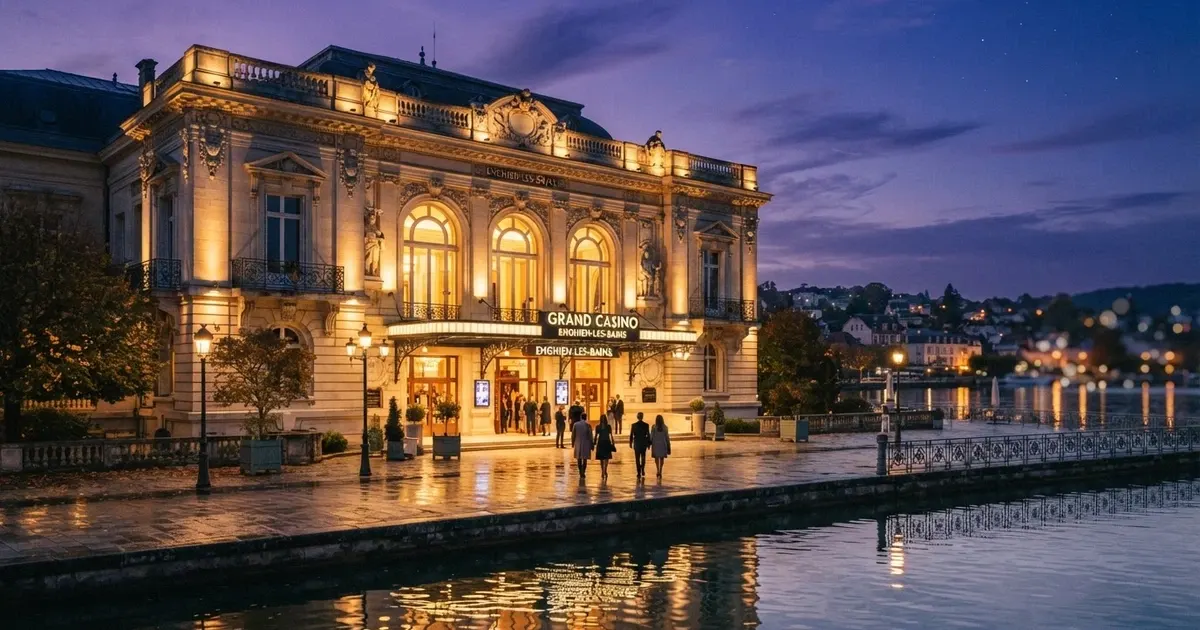 Façade illuminée du Casino Barrière d'Enghien-les-Bains, le casino terrestre le plus proche de Paris