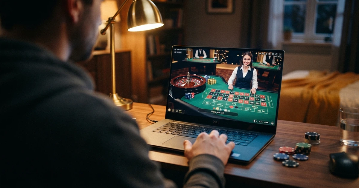 Table de casino en direct avec croupier réel, interface de jeu visible sur un écran d'ordinateur, ambiance studio professionnel