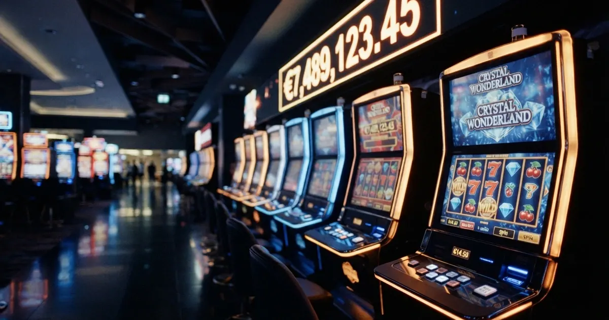 Machines à sous lumineuses avec un jackpot progressif affiché en haut de l'écran dans une salle de casino en ligne