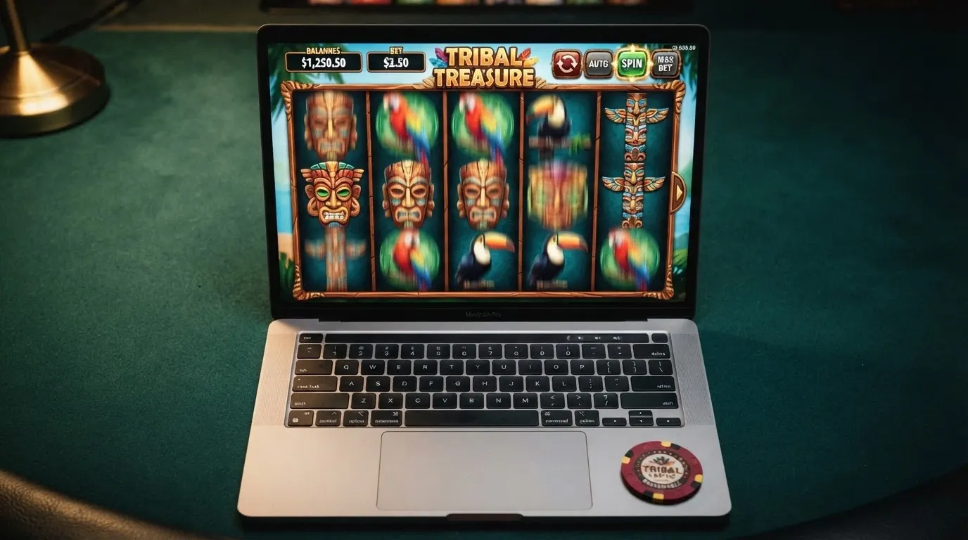 Grille de jeu de la machine à sous Ugga Bugga de Playtech, avec ses rouleaux, ses symboles visibles et le menu des gains affiché à l'écran