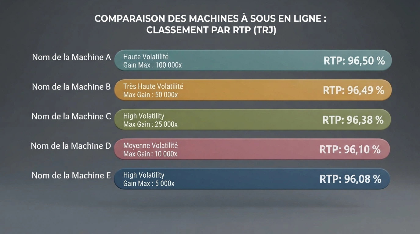 Grille comparative de cinq machines à sous avec leurs RTP, leur volatilité et leur multiplicateur de gain maximum