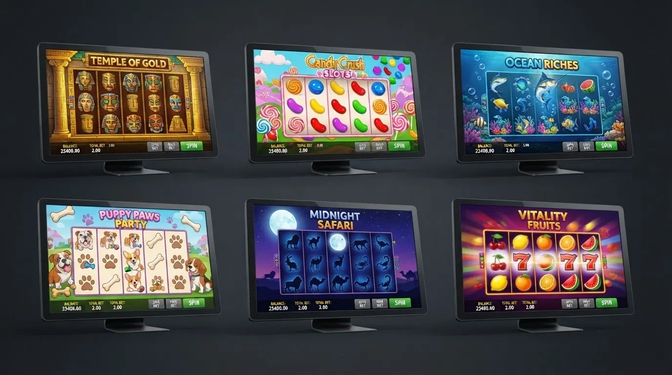 Six machines à sous Pragmatic Play : Gates of Olympus, Sweet Bonanza, Sugar Rush, Big Bass Bonanza, The Dog House et Wolf Gold