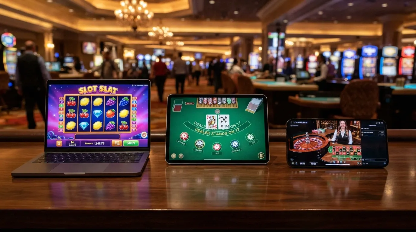 Écrans de casino en ligne affichant des machines à sous, une table de blackjack et un lobby de jeux live