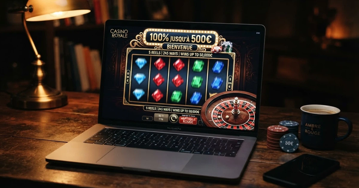 Interface d'un casino en ligne affichant des machines à sous, une roulette et une offre de bonus de bienvenue
