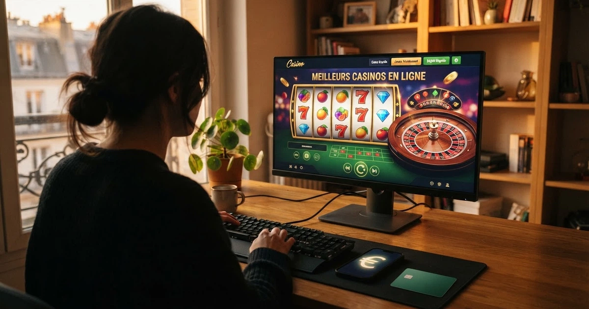 Un joueur français consultant un comparatif de casinos en ligne sur son écran d'ordinateur, carte bancaire et smartphone à portée de main