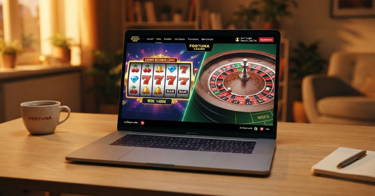 Interface d'un casino en ligne belge agréé affichant des machines à sous, une roulette et un menu de navigation en français