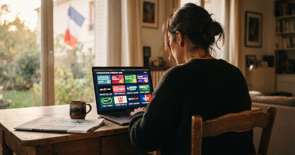 Un joueur consultant une liste de casinos en ligne sur son écran, l'air interrogateur, avec le drapeau français visible en arrière-plan