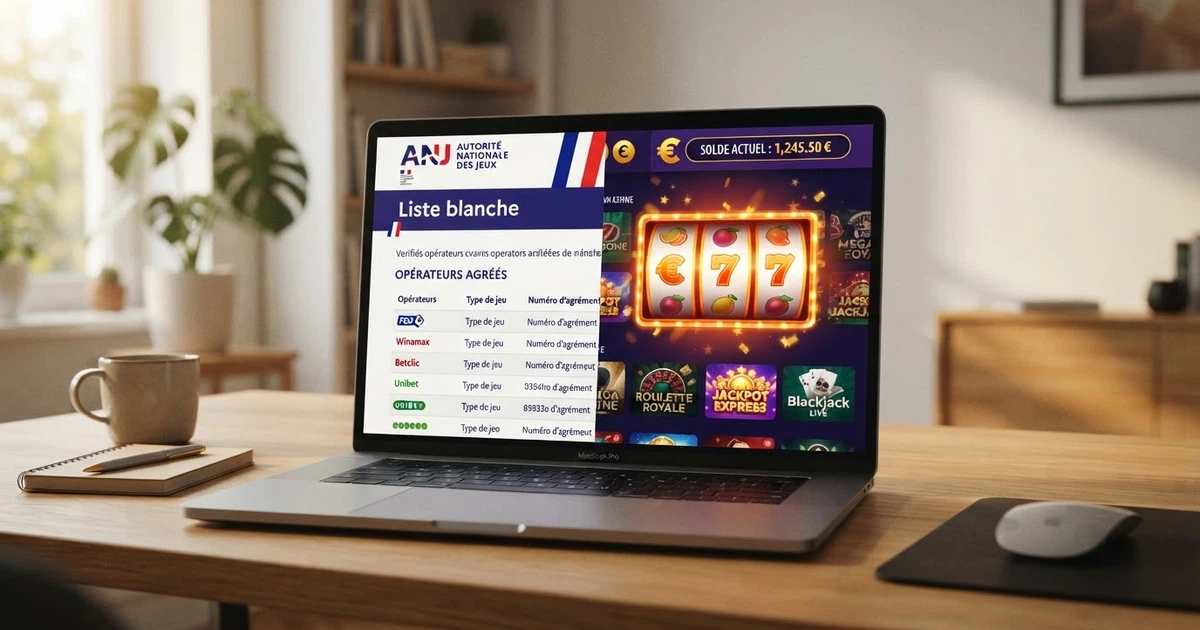 Un écran partagé : à gauche, le site officiel de l'ANJ avec son logo et sa liste blanche, à droite une interface de casino en ligne affichant des machines à sous et un bandeau de bonus de bienvenue