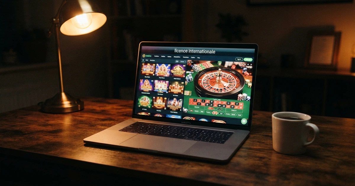 Interface de casino en ligne affichant une roulette et des machines à sous, avec un bandeau « licence internationale » en surimpression