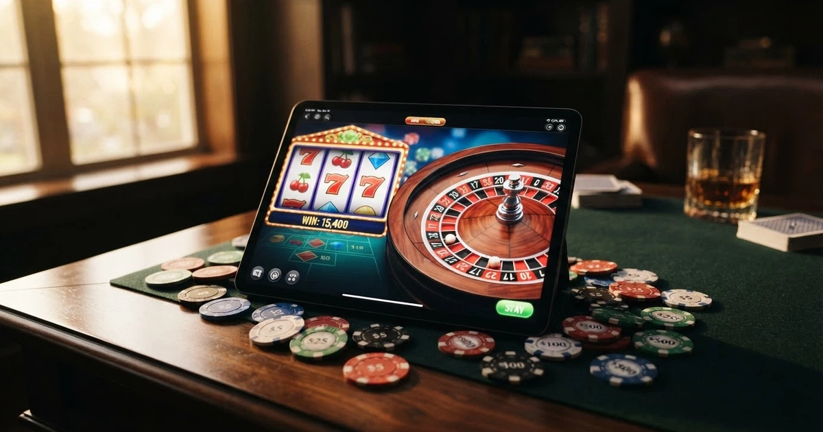 Interface d'un casino en ligne affichant des machines à sous, une roulette et des jetons, illustrant l'univers des casinos offshore accessibles en France