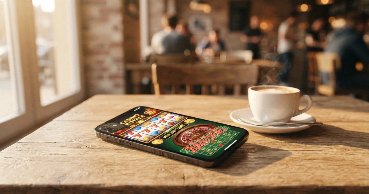 Un smartphone Android affichant l'écran d'accueil d'un casino en ligne, posé sur une table à côté d'un café