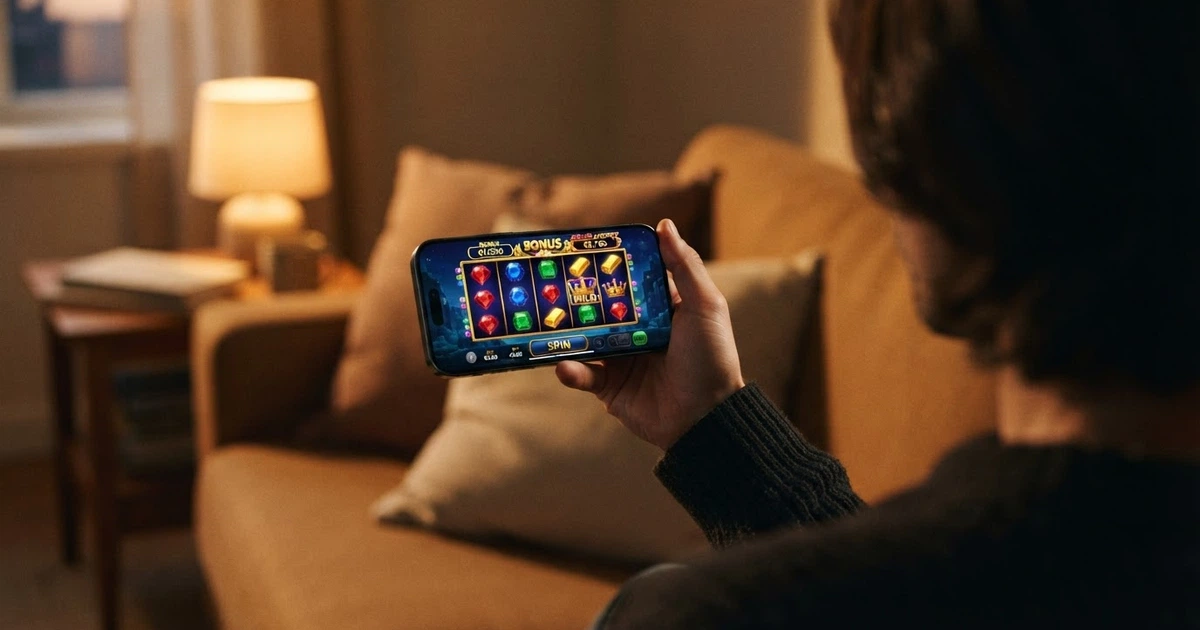 Écran d'iPhone tenu à la main affichant l'interface de jeu d'un casino en ligne en mode paysage, avec une machine à sous colorée au premier plan