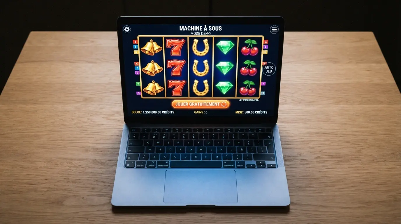 Interface de machine à sous vidéo en mode démonstration, avec jetons virtuels affichés et bouton « jouer gratuitement »