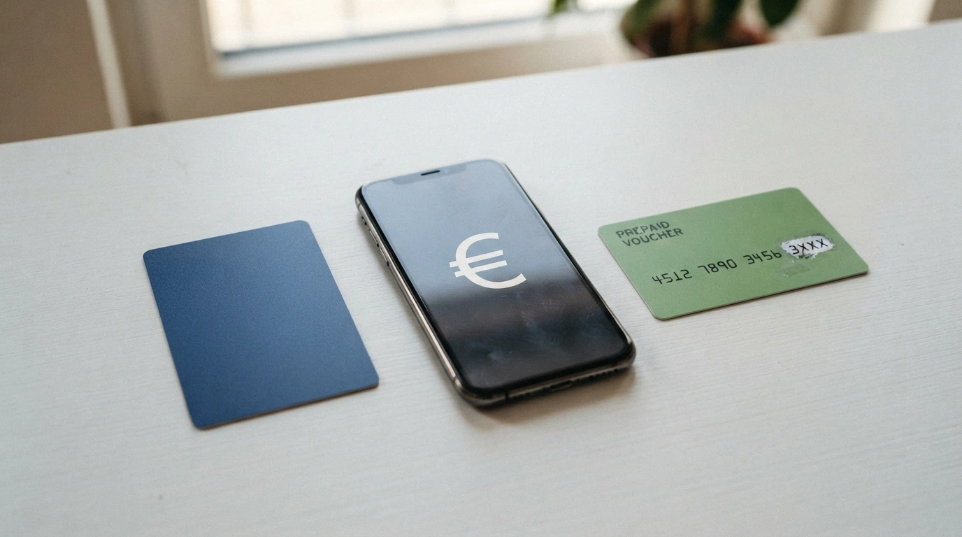 Cartes bancaires, portefeuilles électroniques et smartphone alignés, écrans affichant des logos de moyens de paiement (Visa, Mastercard, PayPal, Paysafecard)
