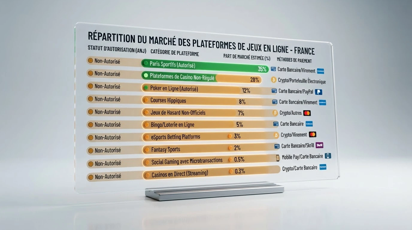 Tableau comparatif listant les dix casinos en ligne analysés, avec leur absence d'agrément ANJ et leur part de trafic estimée