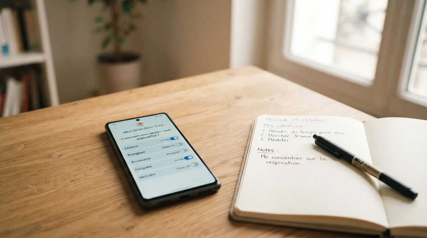 Un smartphone affichant l'interface d'Evalujeu, le questionnaire d'auto-évaluation de l'ANJ, posé à côté d'un carnet et d'un stylo