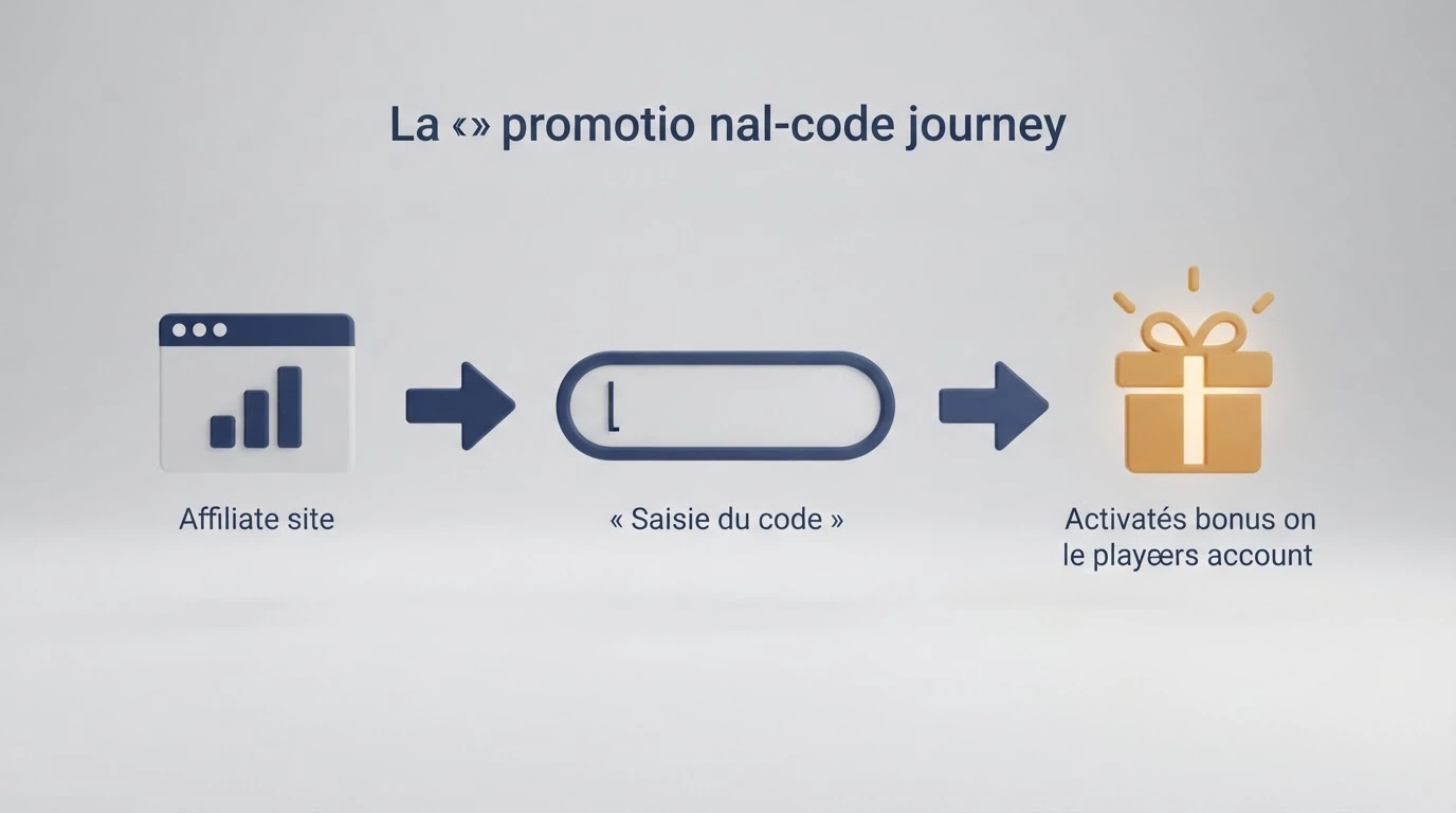 Schéma simplifié en trois étapes : site affilié, saisie du code, activation du bonus sur le compte joueur