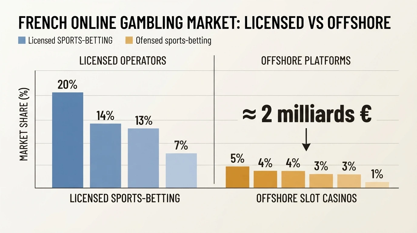 Graphique ou tableau comparatif des parts de marché des opérateurs agréés ANJ et des casinos offshore accessibles aux joueurs français