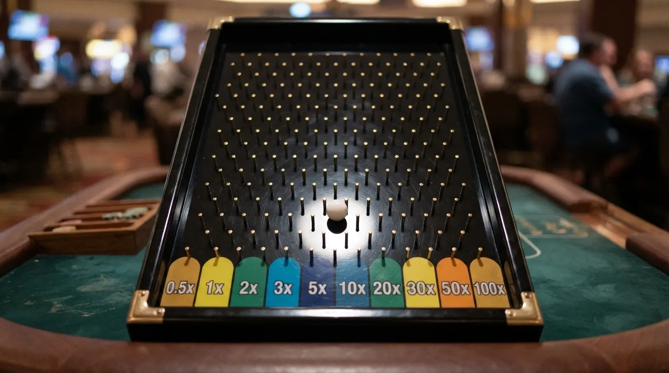 Plateau de jeu Plinko avec ses rangées de broches et ses cases de multiplicateurs de gain en bas