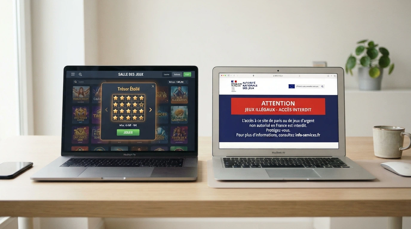 Capture d'écran partagée entre l'interface d'un casino offshore proposant Mines et le site de l'ANJ affichant la liste des opérateurs agréés