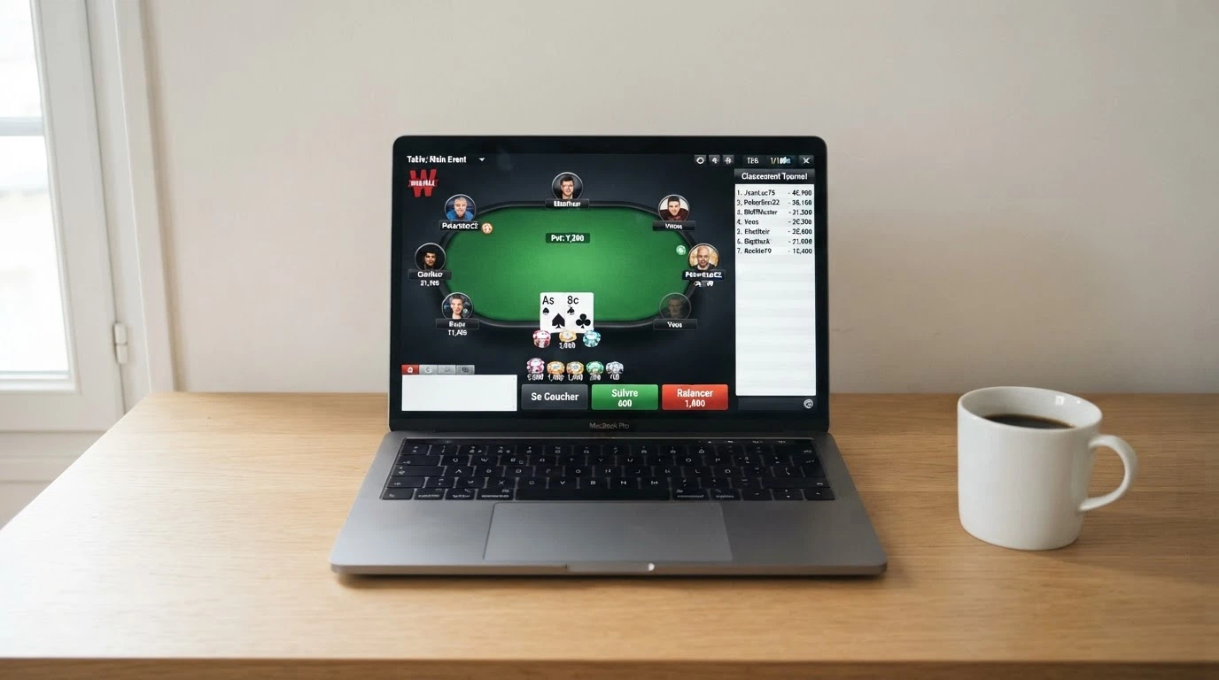 Une interface de poker en ligne affichant un tournoi multi-table en cours, avec le classement et les blindes visibles