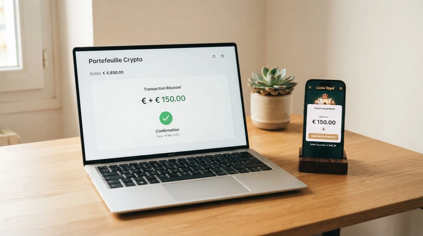 Un portefeuille Bitcoin affiché sur l'écran d'un ordinateur portable, à côté d'une interface de dépôt de casino en ligne