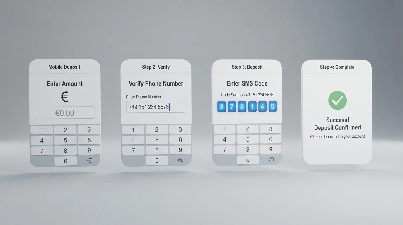 Schéma du parcours de dépôt par facture mobile : sélection du montant, saisie du numéro de téléphone, réception du SMS de confirmation, validation.
