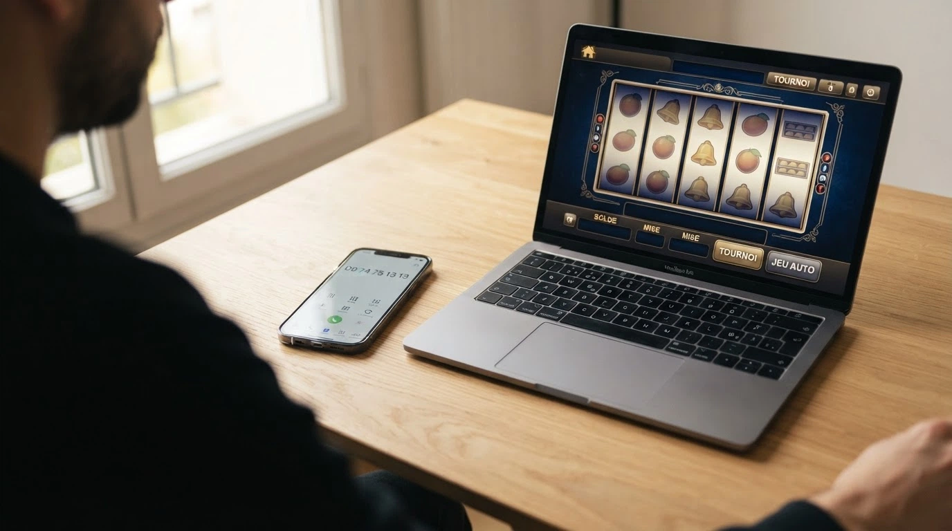 Un téléphone portable affichant un numéro d'aide aux joueurs, posé à côté d'un ordinateur ouvert sur une page de casino en ligne