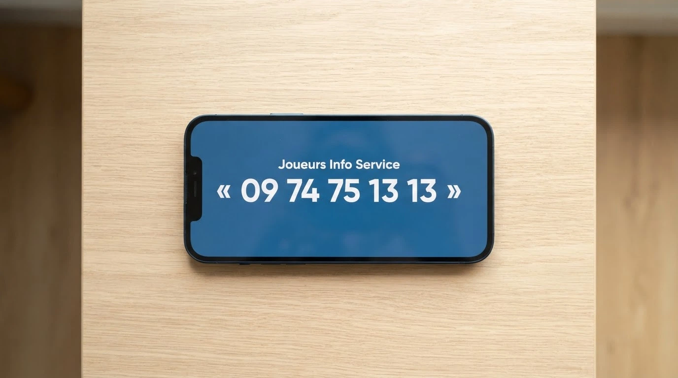 Un téléphone affichant le numéro de Joueurs Info Service (09 74 75 13 13) à côté d'une interface de limites de dépôt