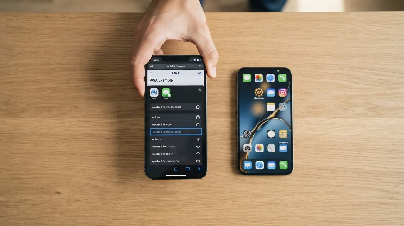 Mains tenant un iPhone, l'écran montre le menu Safari avec l'option « Ajouter à l'écran d'accueil » mise en évidence, et à côté l'icône du casino sur l'écran d'accueil