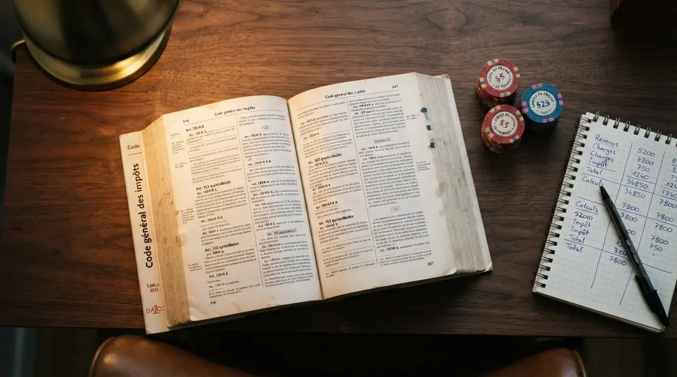 un extrait du Code général des impôts posé sur un bureau à côté d'un ticket de jeu et d'une calculatrice