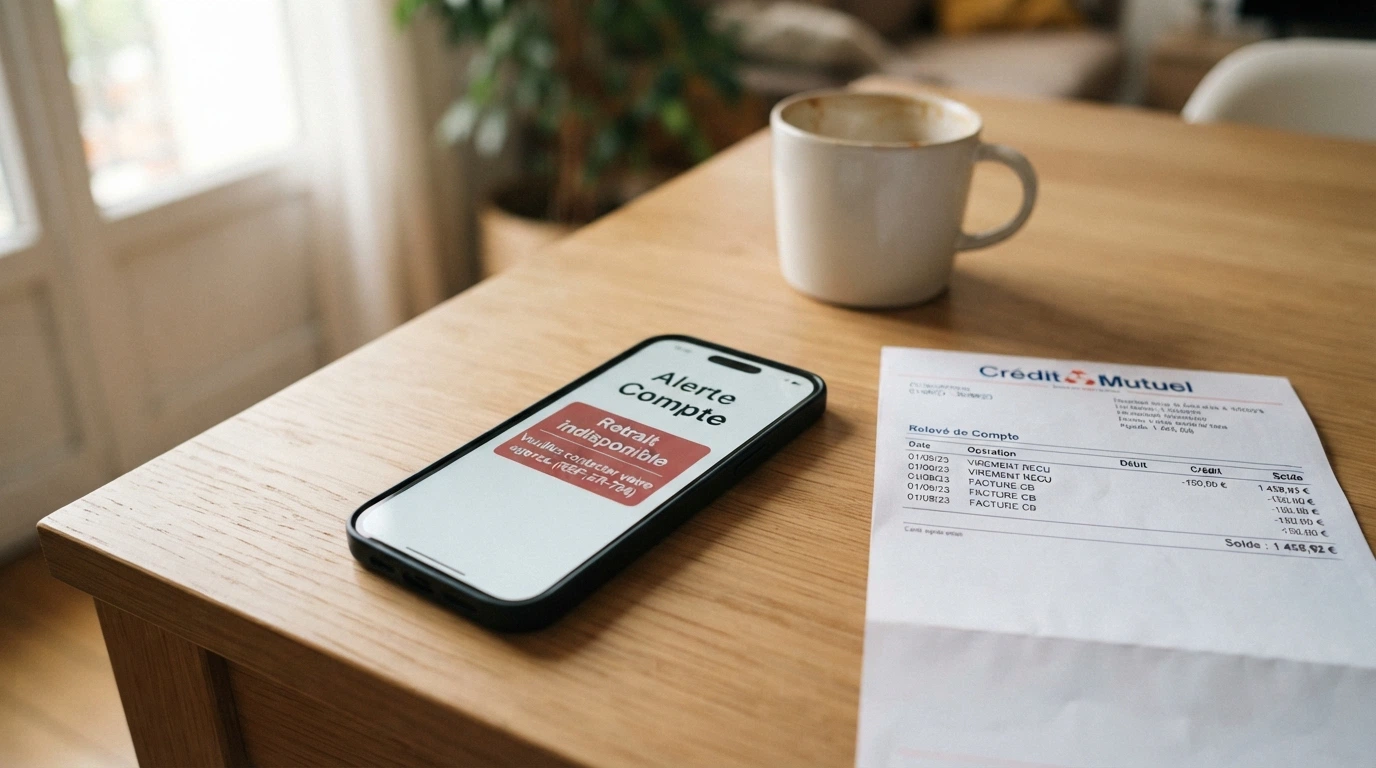 Un iPhone posé sur une table à côté d'un relevé bancaire papier, l'écran du téléphone affichant un message de type « Retrait non disponible via Apple Pay »
