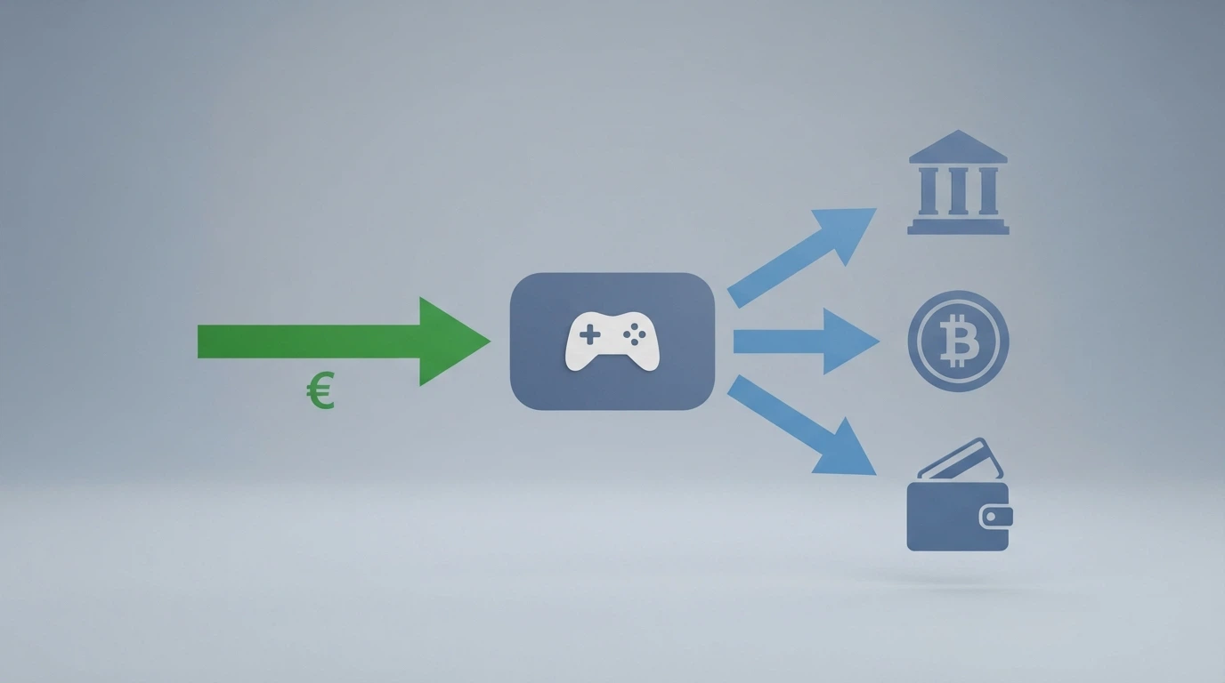 Un schéma montrant Google Pay comme une flèche entrante verte et les méthodes de retrait alternatives comme des flèches sortantes bleues